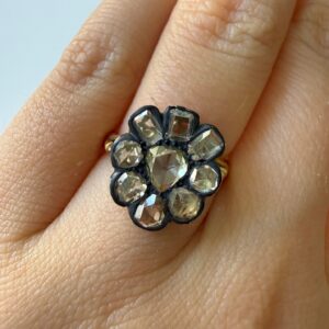 Rose cut diamonds ring set in silver and 18k gold. New